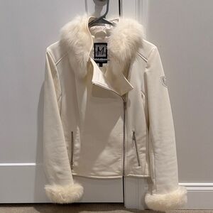 M Miller Women's White Leather Jacket with Faux Fur